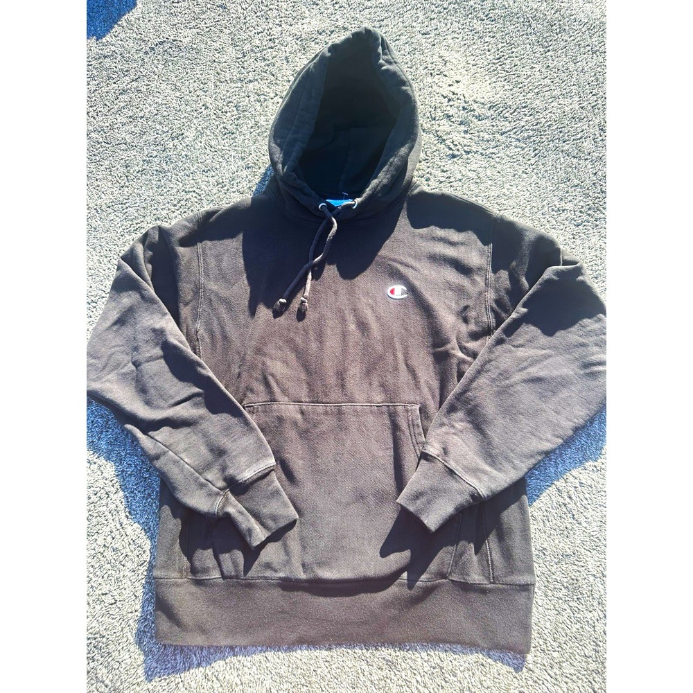 Champion Reverse Weave Hoodie Mens M Black Pullover Embroidered Logo Heavyweight